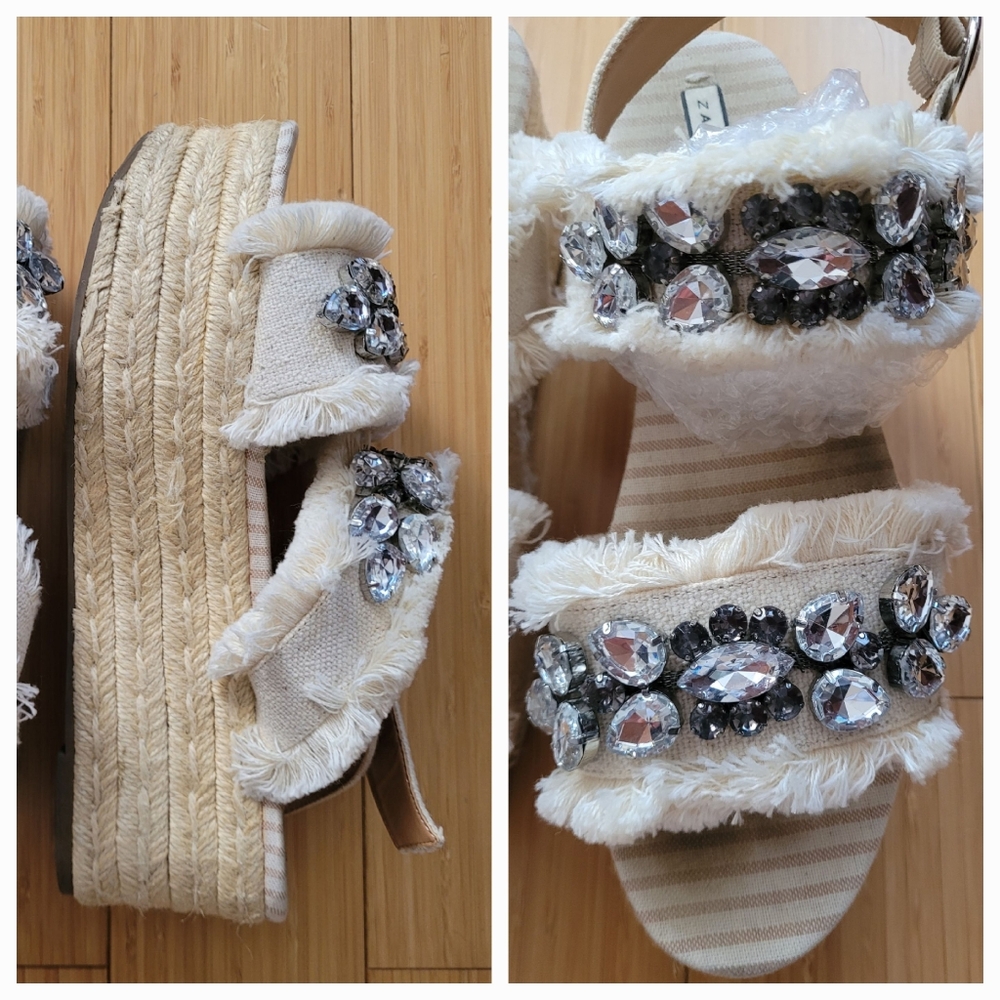 Zara Women's Cream Platform Sandals with Crystal Embellishments